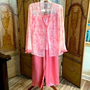 VALERIE STEVENS 3 Piece Lingerie Set Satin Chiffon Pajamas Pants Cami Jacket Lg